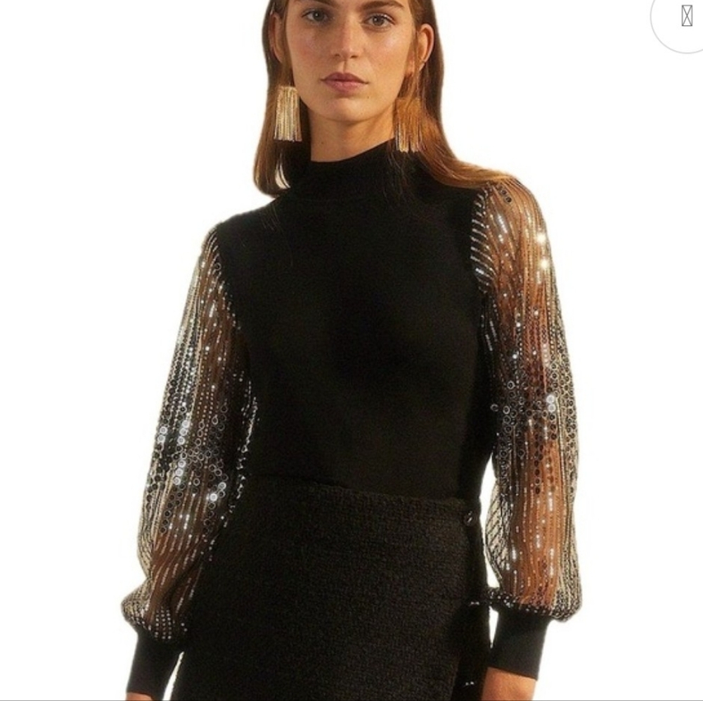 NWT T Tahari Black Pullover with Sequin Sheer Sleeves Size Medium